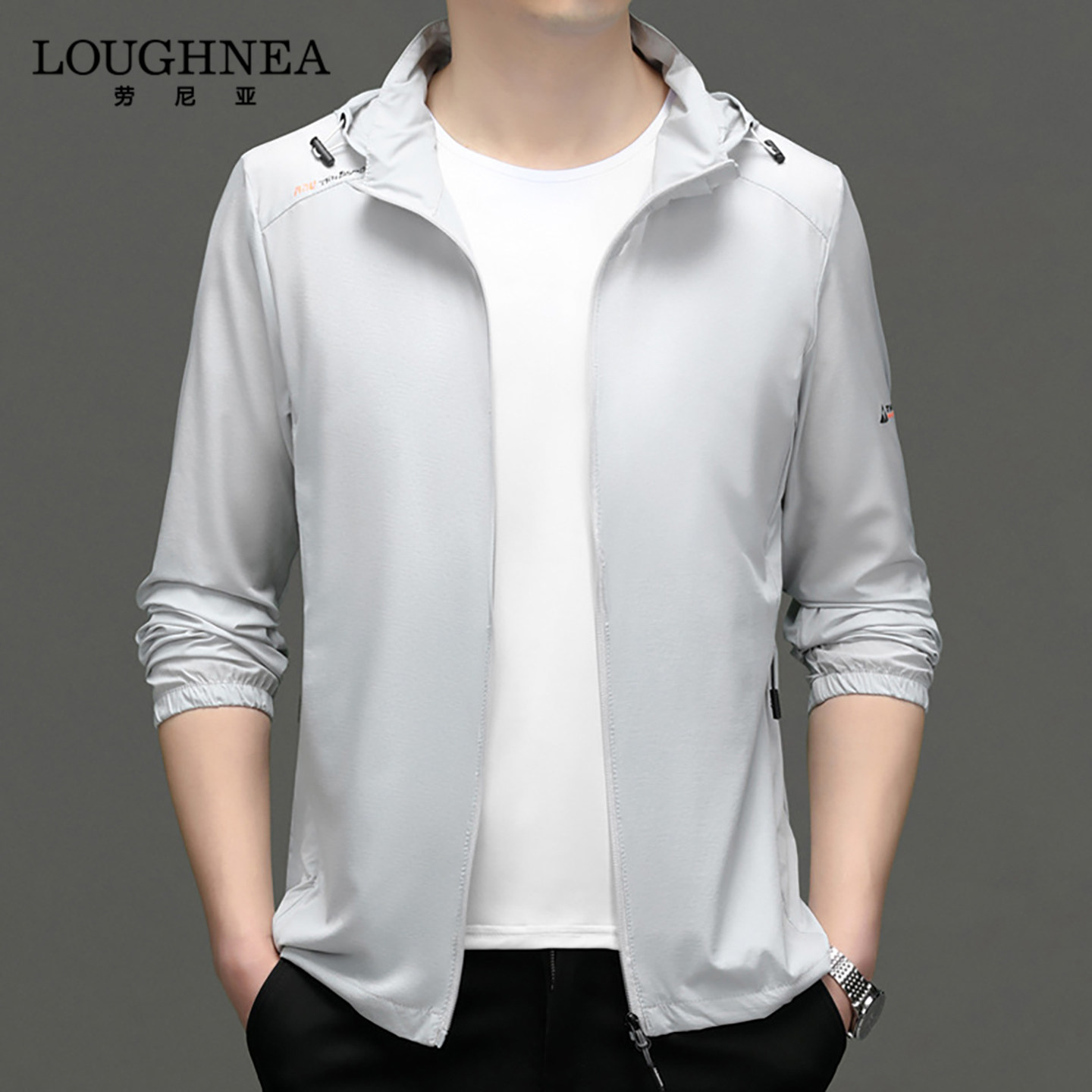 LOUGHNEA轻奢浅灰色薄款连帽防晒衣男夏季户外运动透气钓鱼服外套