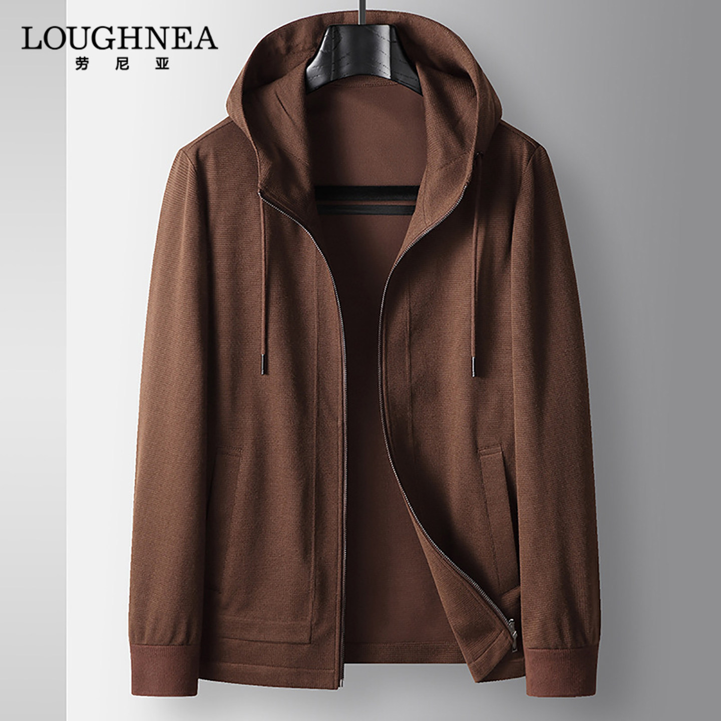 LOUGHNEA品牌老钱风羊毛针织连帽外套男春秋新款中年抗皱免烫夹克