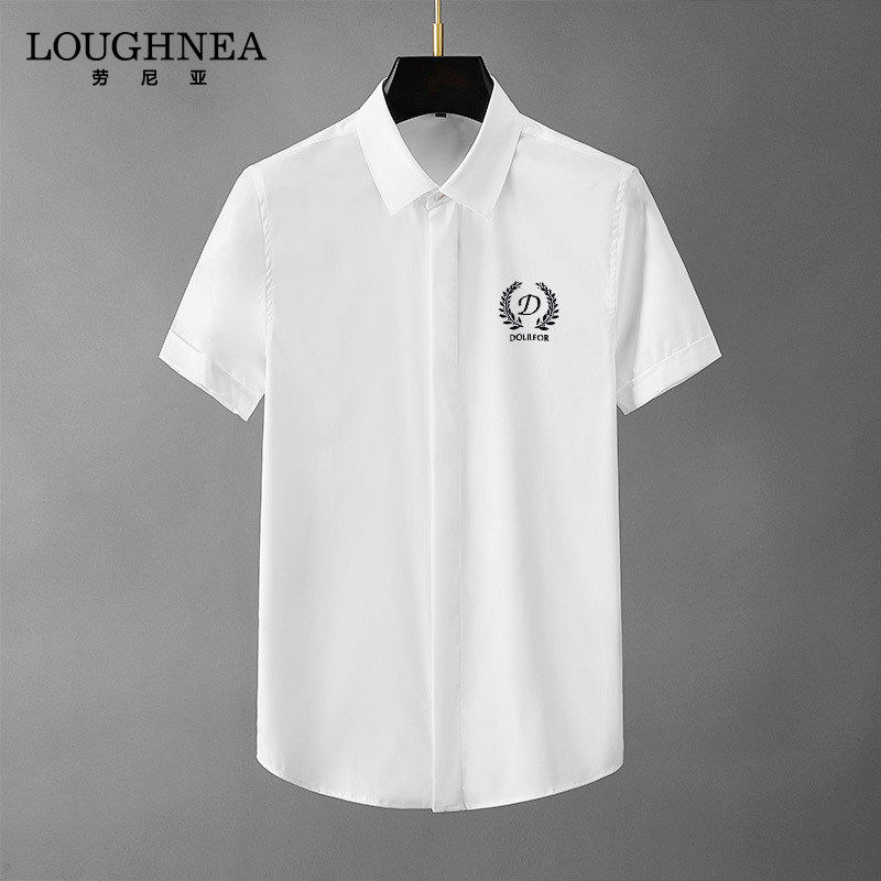 LOUGHNEA轻奢商务字母刺绣白色衬衣男短袖夏季薄款痞帅高级感衬衣