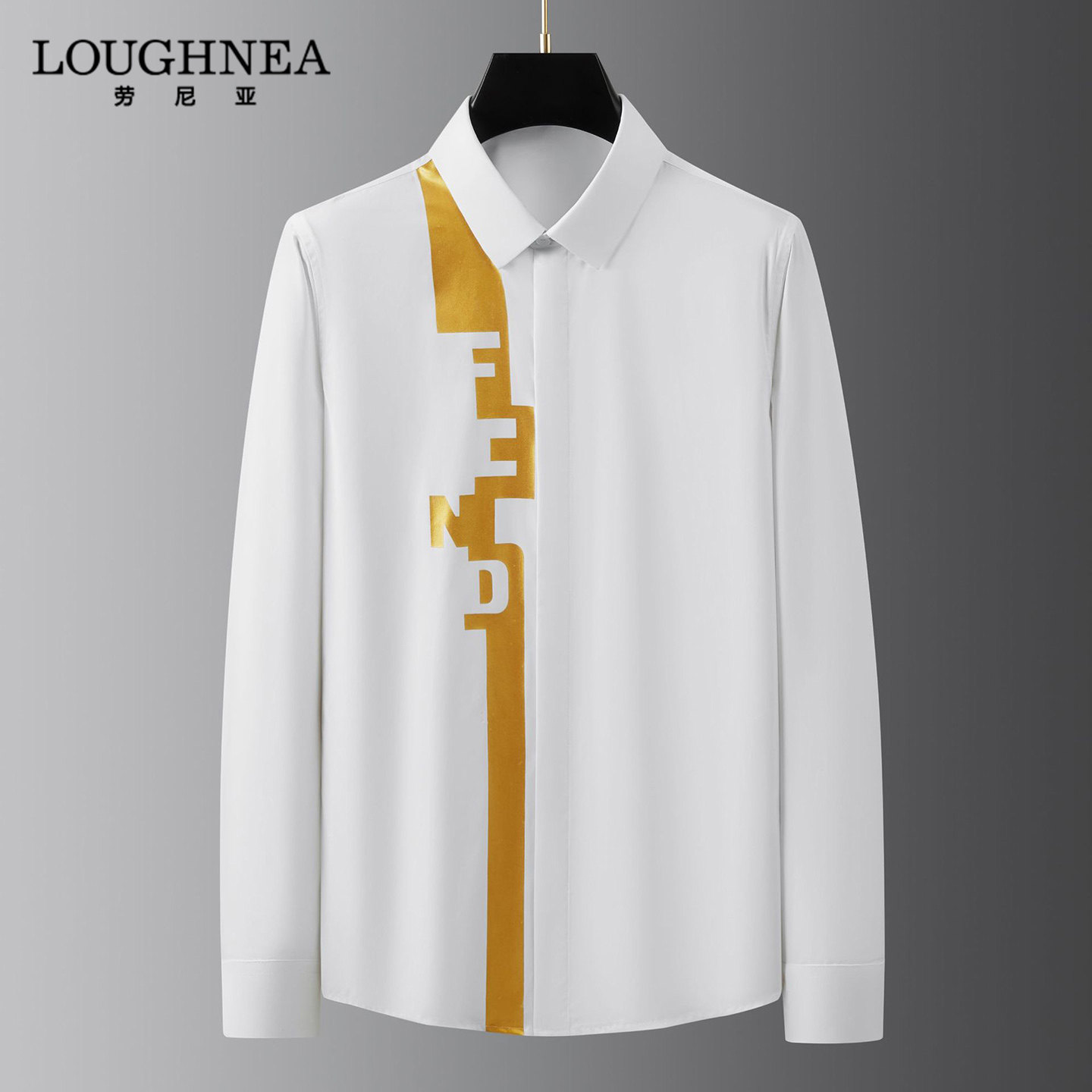 LOUGHNEA高档字母压胶白色长袖衬衫男2026春秋时尚个性棉质衬衣潮