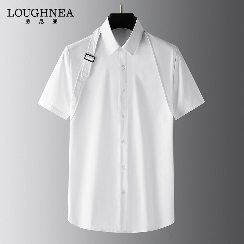 LOUGHNE高端棉白色衬衫男短袖设计感小众潮男日系飘带过肩衬衣潮