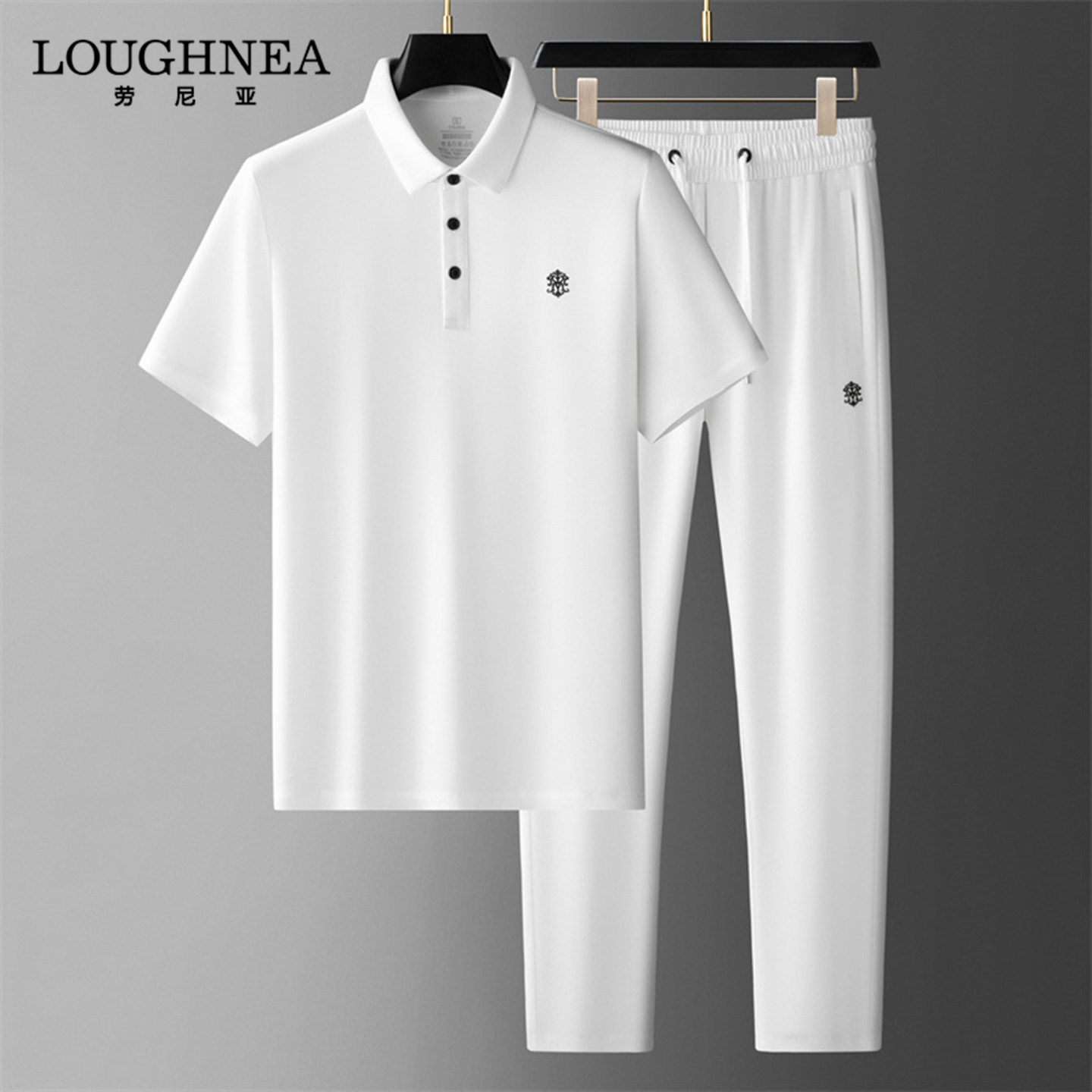 LOUGHNEA高端白色休闲运动套装男夏季薄款中年爸爸装POLO衫两件套