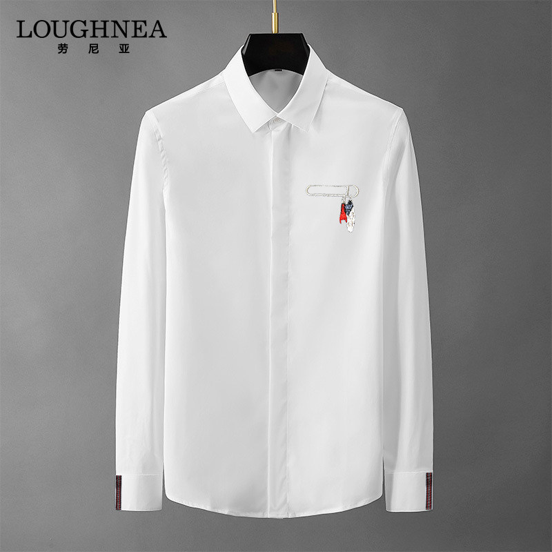 LOUGHNEA高端别针刺绣免烫衬衫男长袖春秋中青年潮牌修身休闲衬衣