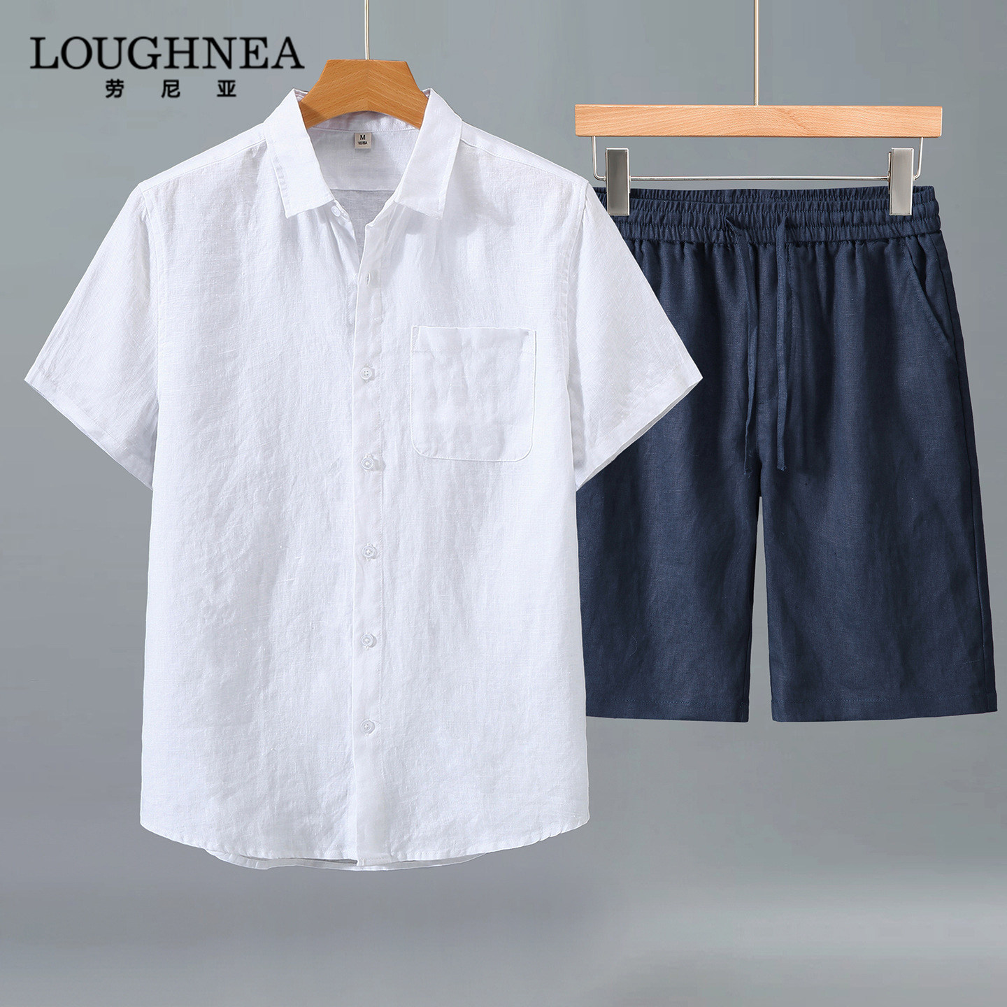 LOUGHNEA轻奢白色亚麻衬衫休闲套装男士夏季薄款透气麻料短裤套装