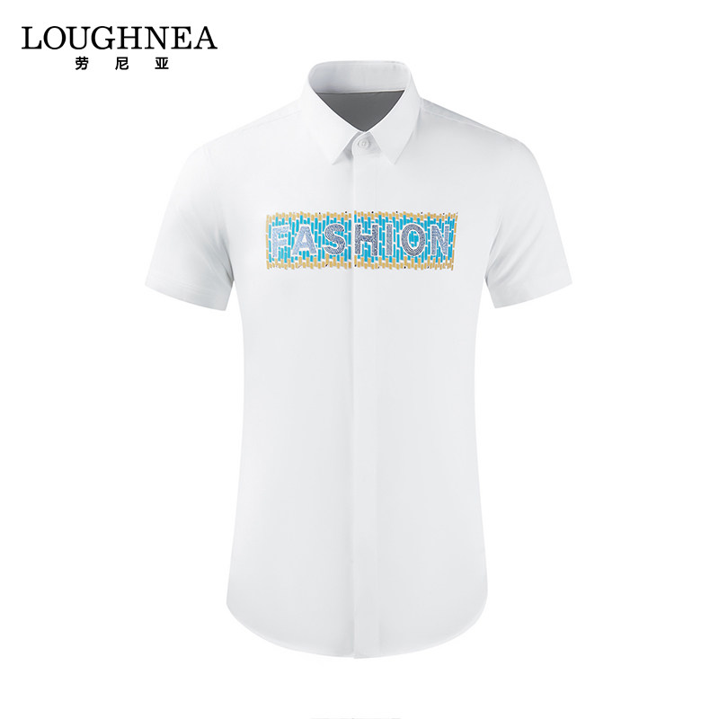 LOUGHNEA高档中年修身白色衬衫男士短袖夏季潮流字母烫钻半袖上衣
