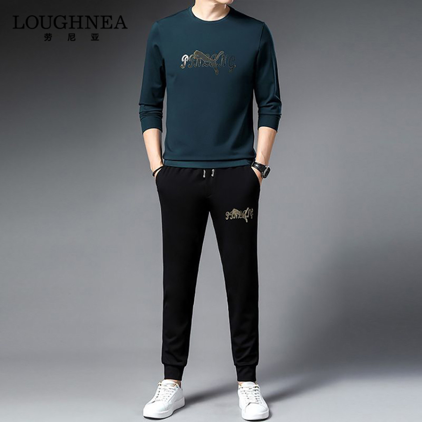 LOUGHNEA高档猎豹烫钻运动套装男春秋新款时尚休闲卫衣长裤两件套