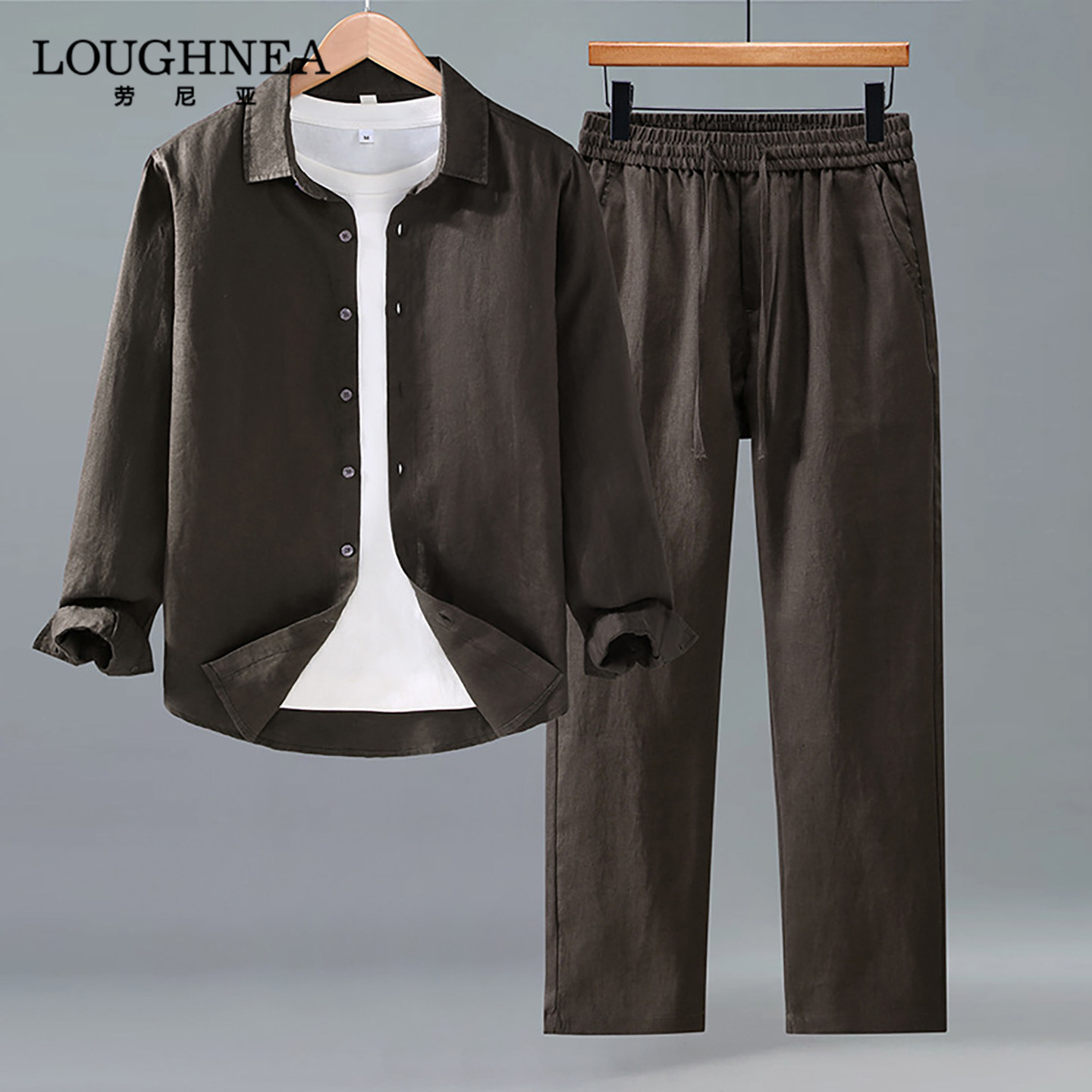 LOUGHNEA高端老钱风亚麻衬衫男休闲套装春秋新款高级感长裤两件套