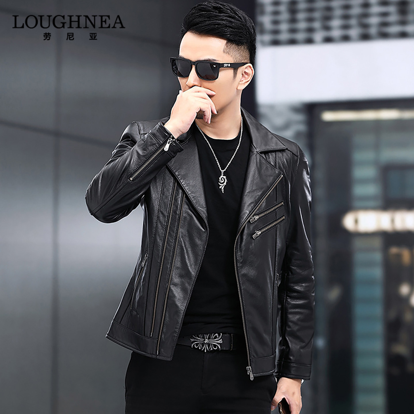 LOUGHNEA品牌设计感西装领短款皮衣外套男春秋中年机车真皮皮夹克