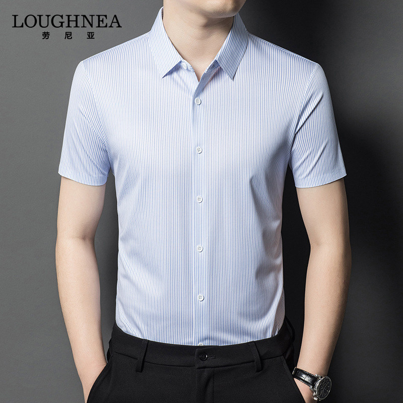 LOUGHNEA高端蓝色条纹商务衬衫男士短袖2026夏季中年休闲正装衬衣