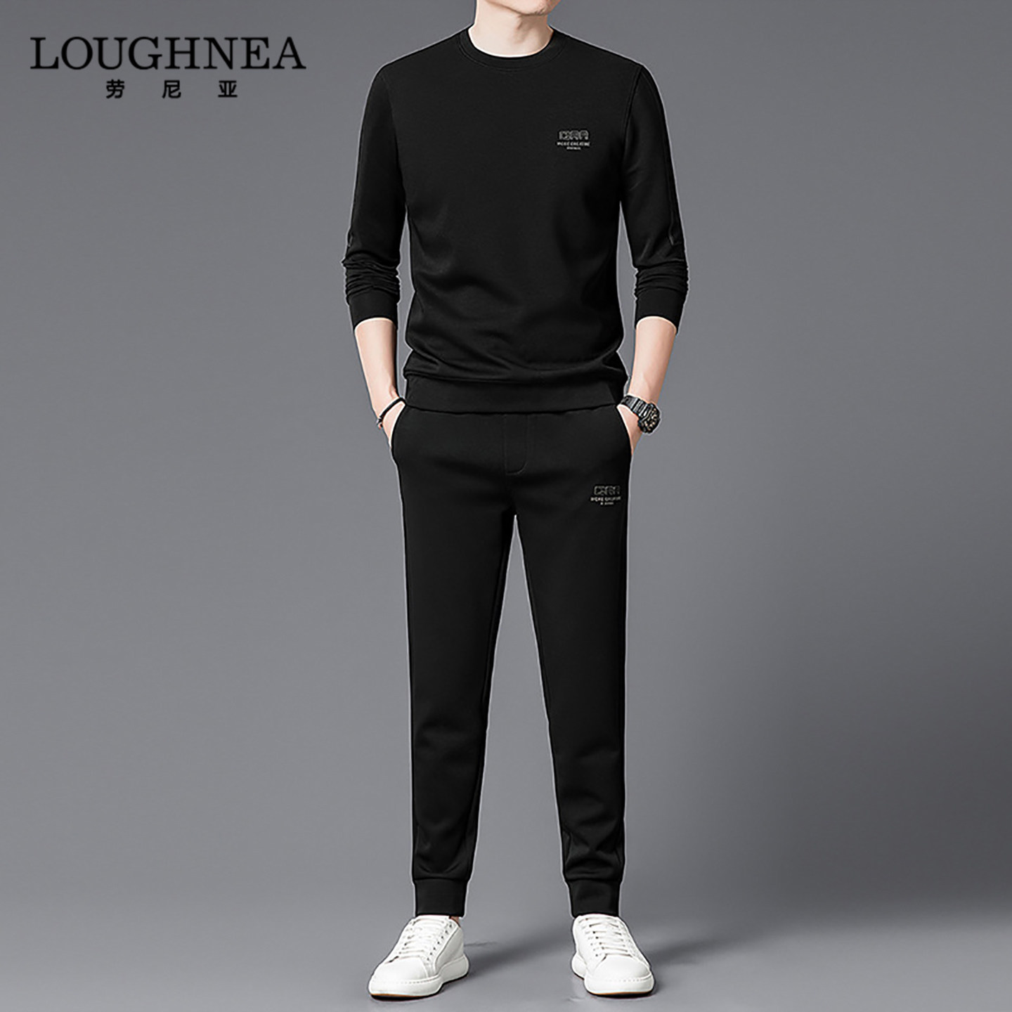 LOUGHNEA高端圆领薄款休闲套装男春秋新款潮流帅气卫衣长裤两件套