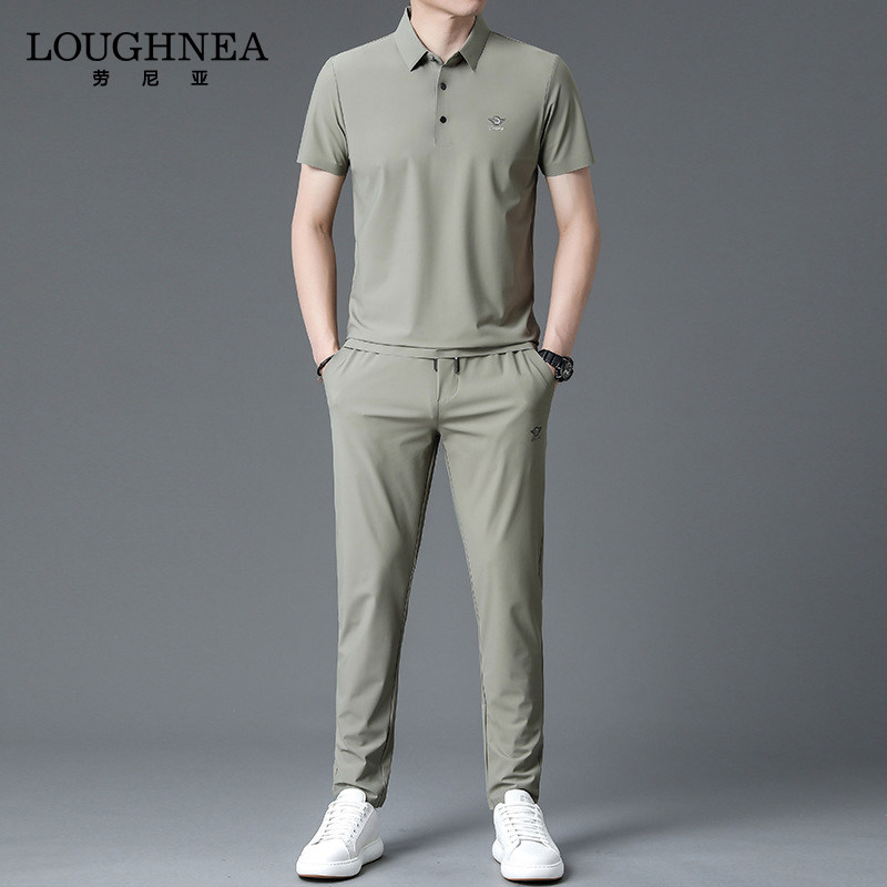 LOUGHNEA轻奢纯色翻领短袖休闲套装男夏季新款速干潮流运动两件套