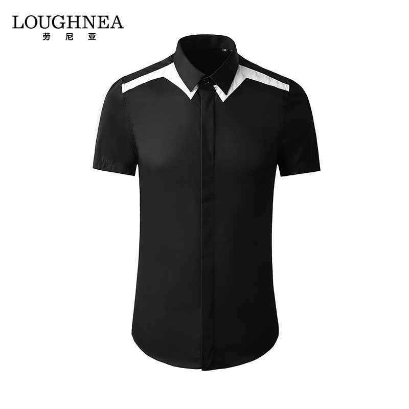 LOUGHNEA高端拼接衬衫男短袖夏季新款男士休闲黑色修身简约衬衣男