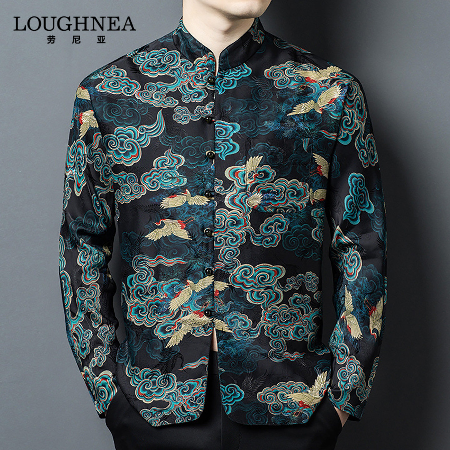 LOUGHNEA高端中式香云纱衬衫长袖男唐装春秋中国风盘扣桑蚕丝衬衣