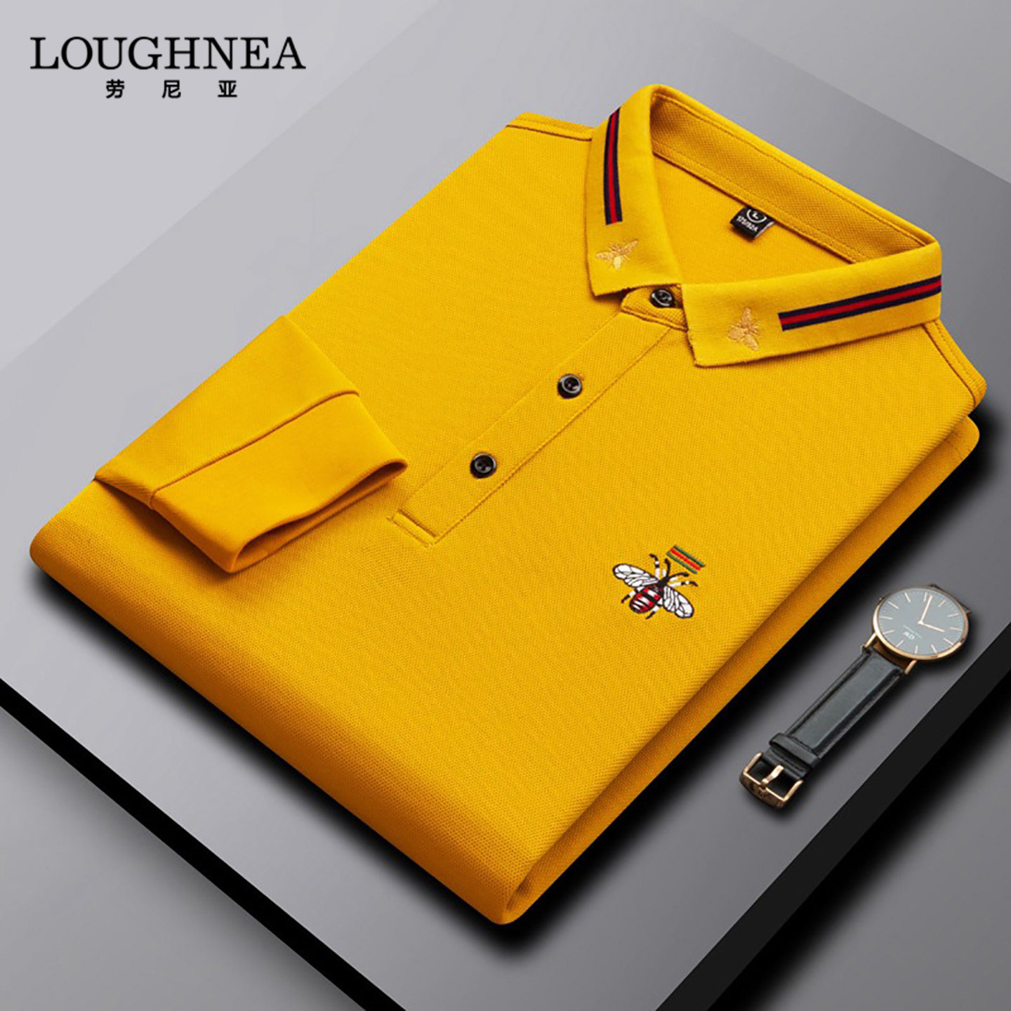 LOUGHNEA欧货小蜜蜂刺绣长袖POLO衫男2025春秋中年爸爸轻商务T恤