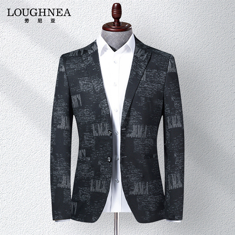 LOUGHNEA品牌字母印花弹力小西装男春秋薄款韩版西装修身休闲单西
