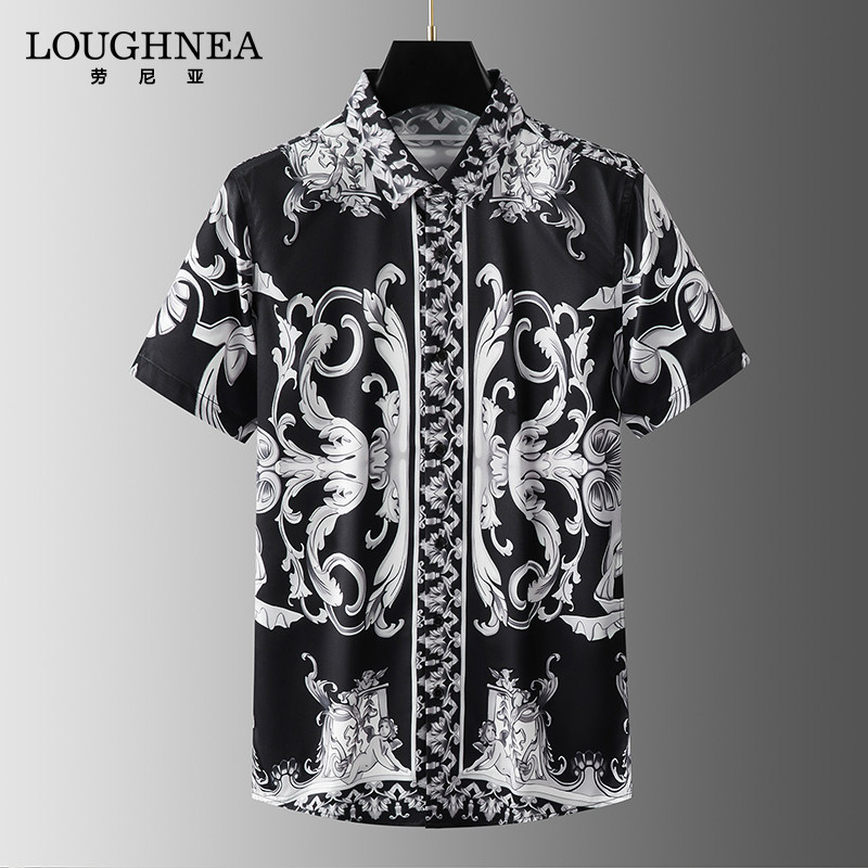 LOUGHNEA轻奢欧美宫廷风花衬衫男短袖夏季高级设计感中年度假衬衣
