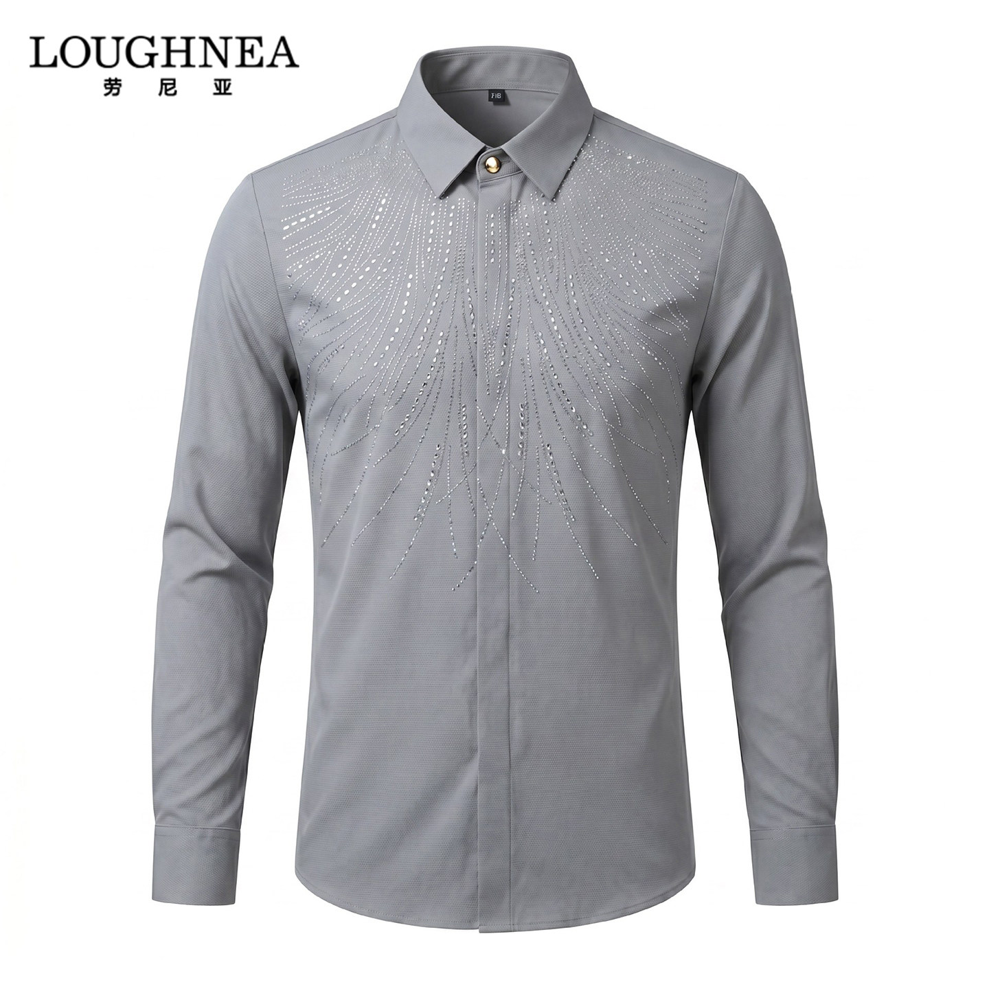 LOUGHNEA/劳尼亚高档灰色衬衫男长袖烫钻羽翼抗皱垂感长袖衬衣潮