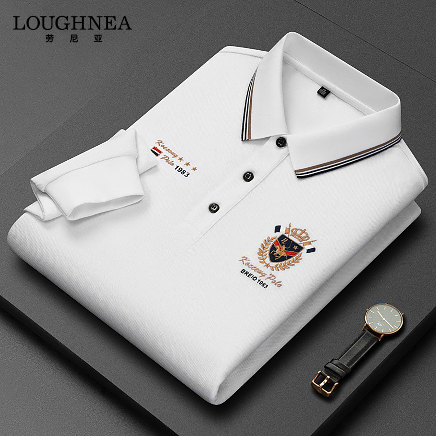 LOUGHNEA高端刺绣白色长袖POLO衫男春秋中年商务休闲翻领T恤上衣
