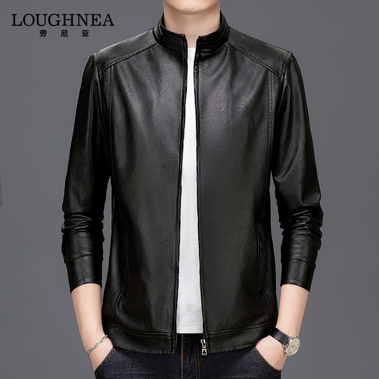 LOUGHNEA高端中年立领皮夹克男2025新款春秋机车男装帅气皮衣外套