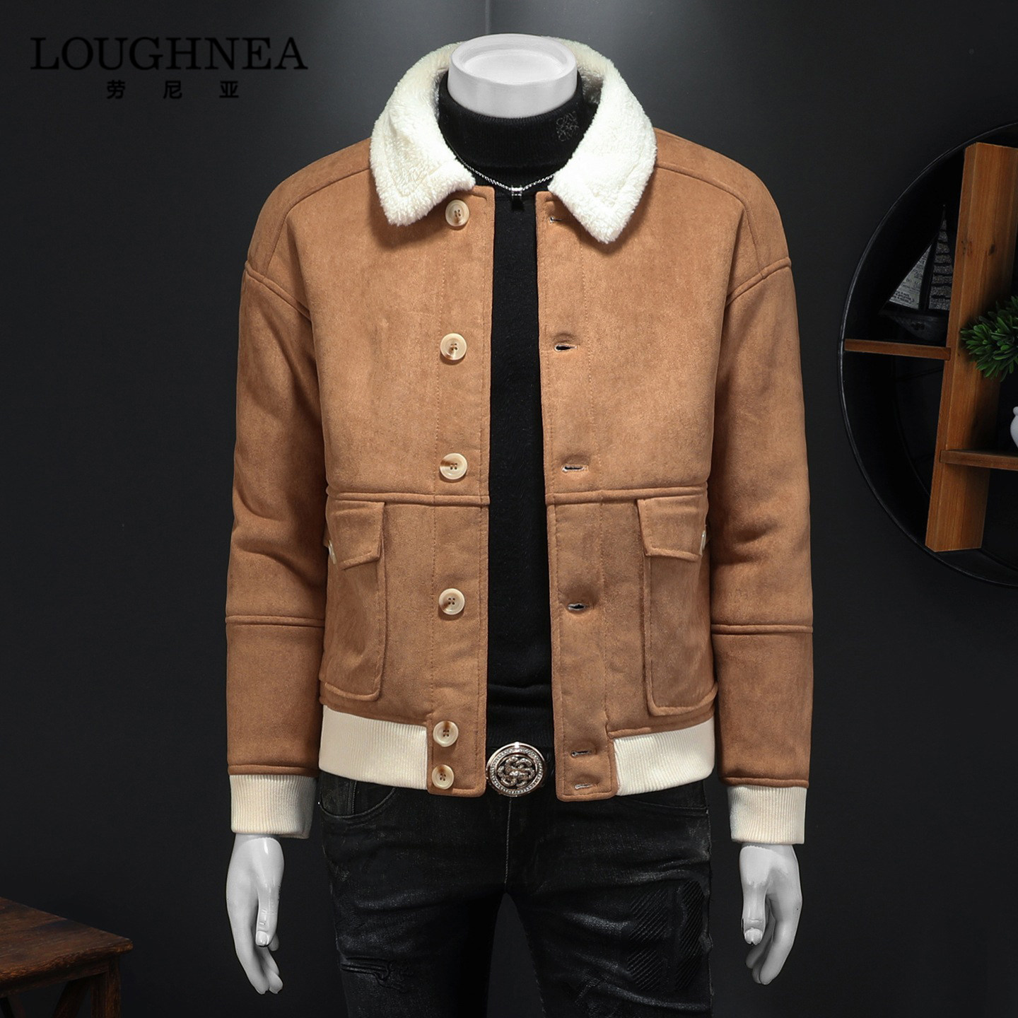 LOUGHNEA高级感羊羔绒皮衣外套男皮毛一体冬季加绒保暖单排扣夹克