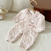 韩系甜美女宝宝新生婴儿系带夹棉樱桃加厚初生百天连体衣秋冬加厚