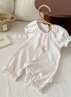夏季薄款女宝宝短袖格子短爬哈衣