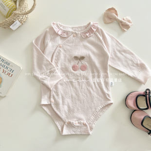 连体衣春秋季 女宝宝春款 婴儿衣服哈衣樱桃长袖 新款 爬服 包屁衣秋装