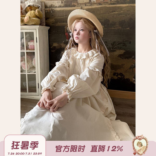 Labeau-岛-复古甜美镂空刺绣风琴褶泡泡袖连衣裙早春宽松高腰裙子