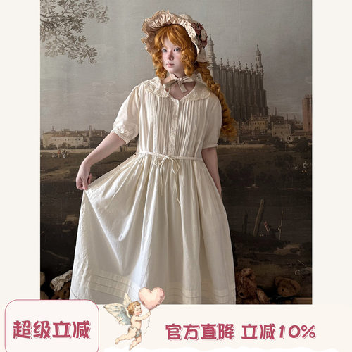 Labeau-无尽夏-复古甜美钩花娃娃领风琴褶连衣裙女泡泡袖高腰裙子