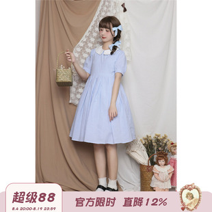 labeau-春水煎茶-爱丽丝可爱日系小清新短袖格子娃娃领连衣裙女