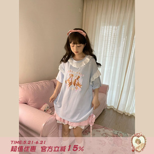 Labeau-baby bear-可爱小熊印花绑带短袖T恤女夏蕾丝花边圆领上衣