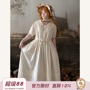 Labeau-无尽夏-复古甜美钩花娃娃领风琴褶连衣裙女泡泡袖高腰裙子