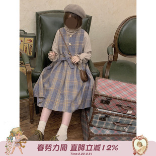 Labeau 高腰呢子连衣裙女复古学院可爱格子刺绣毛呢背带裙 双色堇