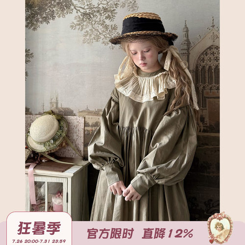 Labeau-秋日-复古宫廷风压褶花边领泡泡袖连衣裙高腰显瘦长袖裙子