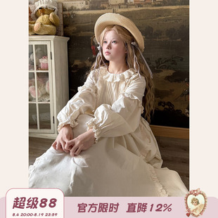 Labeau-岛-复古甜美镂空刺绣风琴褶泡泡袖连衣裙早春宽松高腰裙子