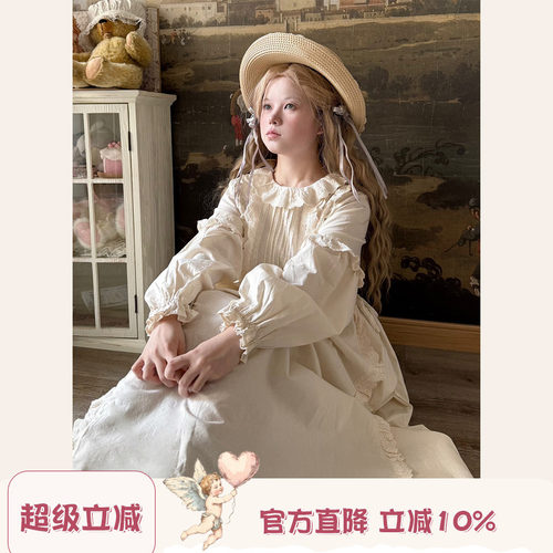 Labeau-岛-复古甜美镂空刺绣风琴褶泡泡袖连衣裙早春宽松高腰裙子