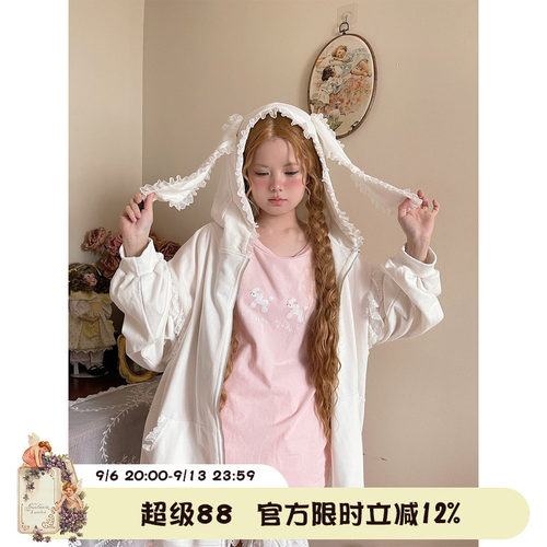蕾丝花边印花兔耳朵拉链卫衣