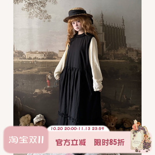 Labeau-春雨-甜美木耳花边小圆领无袖黑色背心裙女春季高腰连衣裙