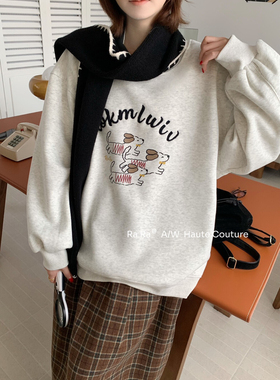 【RaRa家】刺绣字母可爱小狗加绒卫衣女冬季加绒百搭圆领上衣