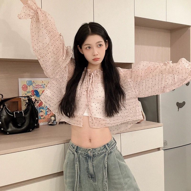 妒纱甜美风粉色波点衬衫女春夏设衬衫
