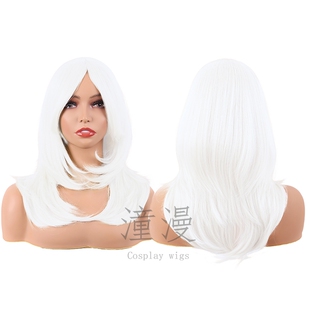 潼漫cos假发女中长款短发万用白色50CM中长齐斜刘海高温丝头套