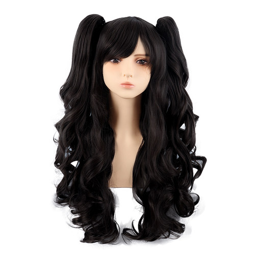 潼漫纯黑色双马尾长卷发cos假发