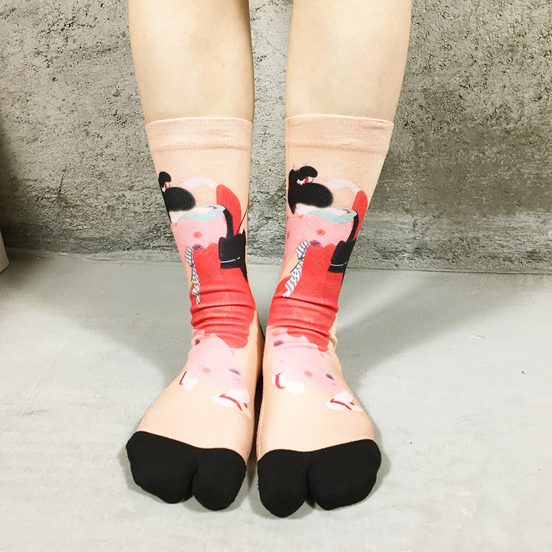 日系浮世绘二趾袜人字拖木屐男女中筒毛巾底加厚吸汗透气速干潮袜