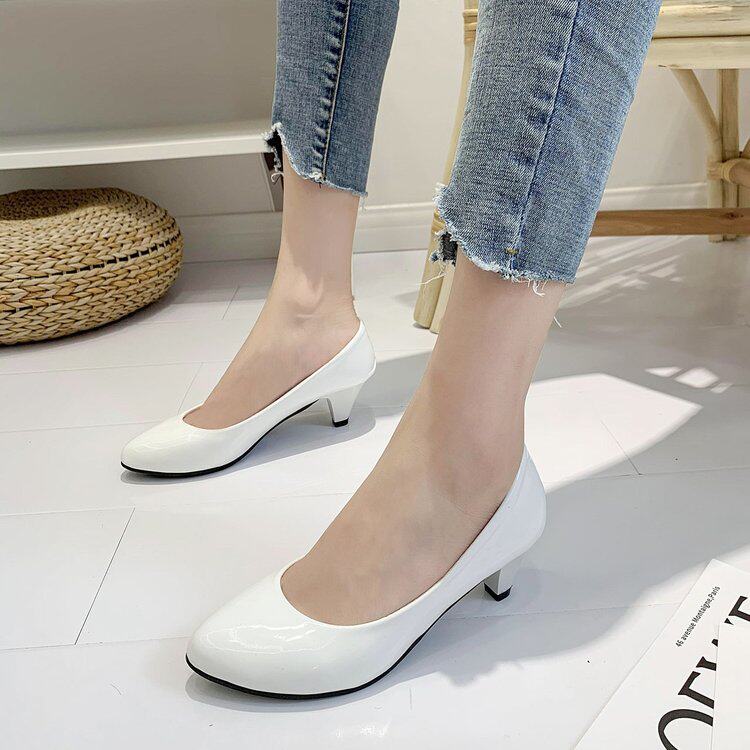 3厘米低跟高跟鞋女圆头白色不累脚百搭春秋职场上班工作鞋黑色单