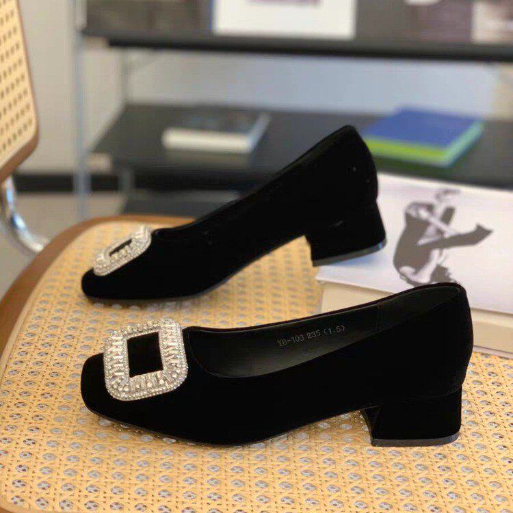 春秋方头高跟鞋女黑色粗跟5cm水钻不累脚学生浅口职业气质工作鞋