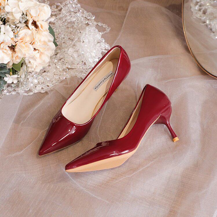 5厘米高跟鞋女细跟酒红色浅口上班漆皮不累脚大码气质小众百搭单