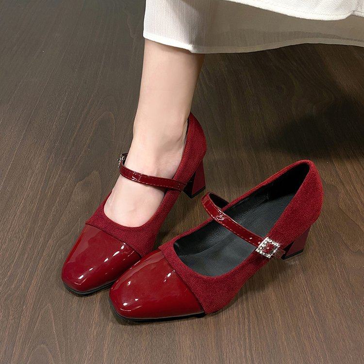 法式粗跟方头高跟鞋女一字扣中跟5cm酒红色复古玛丽珍鞋气质单鞋