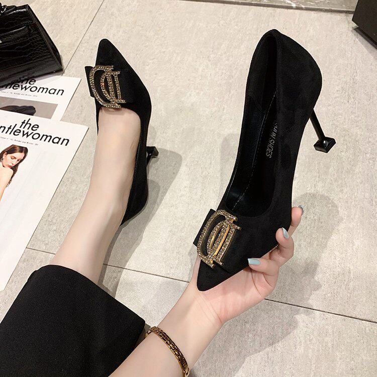 上班黑色尖头水钻高跟鞋女5cm中跟绒面学生韩版百搭气质猫跟工作