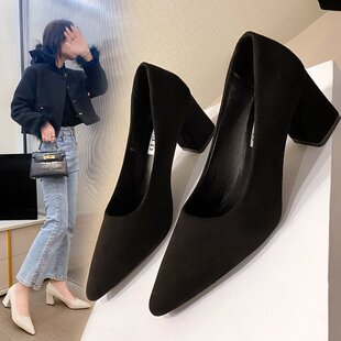 上班黑色尖头高跟鞋女3-5cm绒面不累脚粗跟学生浅口工作鞋礼仪ol7