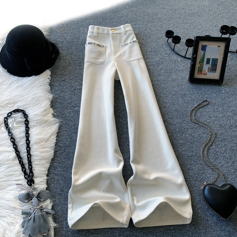 米白色小香风窄版阔腿裤女秋季加绒毛呢高腰镶钻显瘦休闲直筒裤子,女装/女士精品,休闲裤,淘宝优惠券,粉丝福利购,淘宝优惠卷